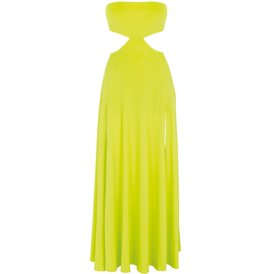 HELENE GALWAS Maxi-Bandeau-Kleid, Neon Gelb, Damenkleider, Nachhaltig, Fair, Maxi-Kleid, Lockeres Kleid, Sommerkleid, Cut-Outs, Verschluss zum Binden auf dem Rücken, Zwei hohe Schlitze auf der Vorderseite Women, Sustainable Fashion, Nachhaltige Damenmode, Nachhaltigkeit, Fair trade, Made in Europe, Organic, Eco-Fashion, Handmade, Eco-friendly Fashion, Fair fashion - Shop now - the wearness online-shop - ETHICAL & SUSTAINABLE LUXURY FASHION