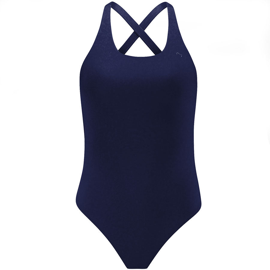 OY SURF Surf Badeanzug, Dunkelblau, Sportliche Bademode, Surfmode, Gekreuzter Rückenausschnitt, Nachhaltige Bademode, Recyceltes Polyester, Sustainable Swimwear, Swimsuit, Damen Bademode, Sommermode, Ethical fashion, Green fashion - Shop now - the wearness online-shop - ETHICAL & SUSTAINABLE LUXURY FASHION