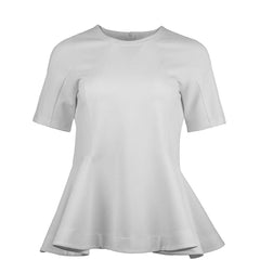 HELENE GALWAS Taillierte Bluse mit kurzen Ärmeln, Weiss, Weit ausgestellter Saum, Runder Ausschnitt, Reißverschluss auf Rückseite, Damenbluse, Nachhaltig, Fair, Women, Sustainable Fashion, Nachhaltige Damenmode, Nachhaltigkeit, Fair trade, Made in Europe, Organic, Eco-Fashion, Handmade, Eco-friendly Fashion, Fair fashion - Shop now - the wearness online-shop - ETHICAL & SUSTAINABLE LUXURY FASHION