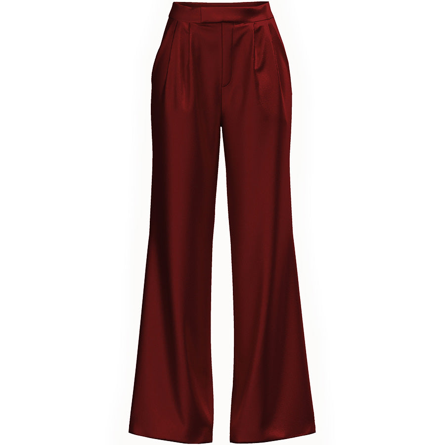 LA BANDE BERLIN High-waisted Seidenhose in Bordeaux rot, Ausgestellte Damenhose, Hochtaillierte Seidenhose, Silk trousers in red, Women pants, Damenhosen, Nachhaltige Damenmode, Faire Mode, Fair fashion, Fair trade, Zero waste, Umweltfreundlich, Made in Europe, Handmade, Handcrafted, Ethische Mode  - Shop now - the wearness online-shop - SUSTAINABLE & ETHICAL LUXURY FASHION