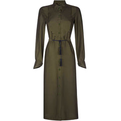 SHIRT DRESS WITH POINTED COLLAR IN OLIVE & CARAMEL 