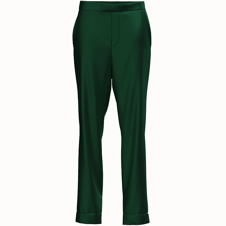 LA BANDE BERLIN Schmale Seidenhose in Dunkelgrün, Damenhose, Hochtaillierte Seidenhose, Silk trousers in dark green, Women pants, Damenhosen, Nachhaltige Damenmode, Faire Mode, Fair fashion, Fair trade, Zero waste, Umweltfreundlich, Made in Europe, Handmade, Handcrafted, Ethische Mode  - Shop now - the wearness online-shop - SUSTAINABLE & ETHICAL LUXURY FASHION